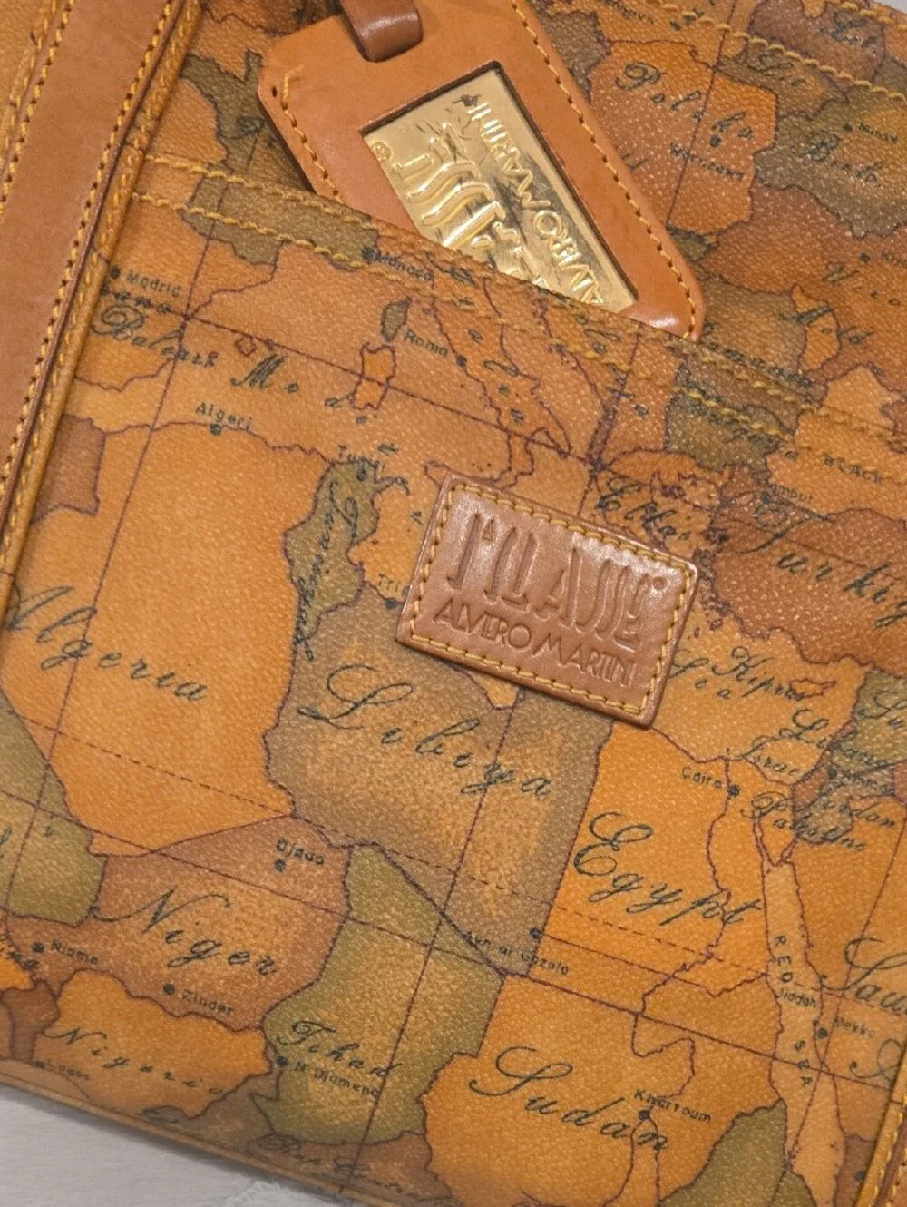 Alviero Martini Tan Map-Print Leather Tote Bag